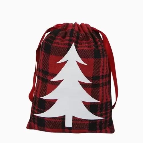 Printed Drawstring Plaid Cotton Pouch Bag - Image 4