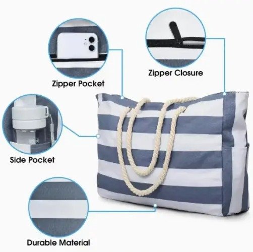 Canvas with Zipper Shoulder Beach Tote Bag - Image 2