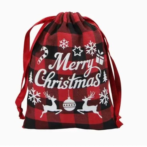 Printed Drawstring Plaid Cotton Pouch Bag - Image 2