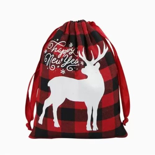 Printed Drawstring Plaid Cotton Pouch Bag