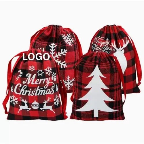 Printed Drawstring Plaid Cotton Pouch Bag - Image 3