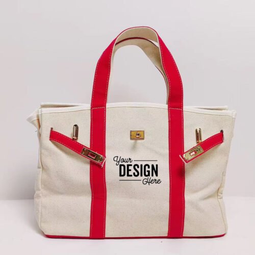 Wide-Bottom Shopping & Travel Handbag, Buckle Canvas Bag